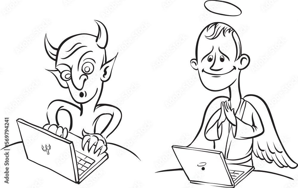 Poster whiteboard drawing devil and angel with laptop computer - png image with transparent background