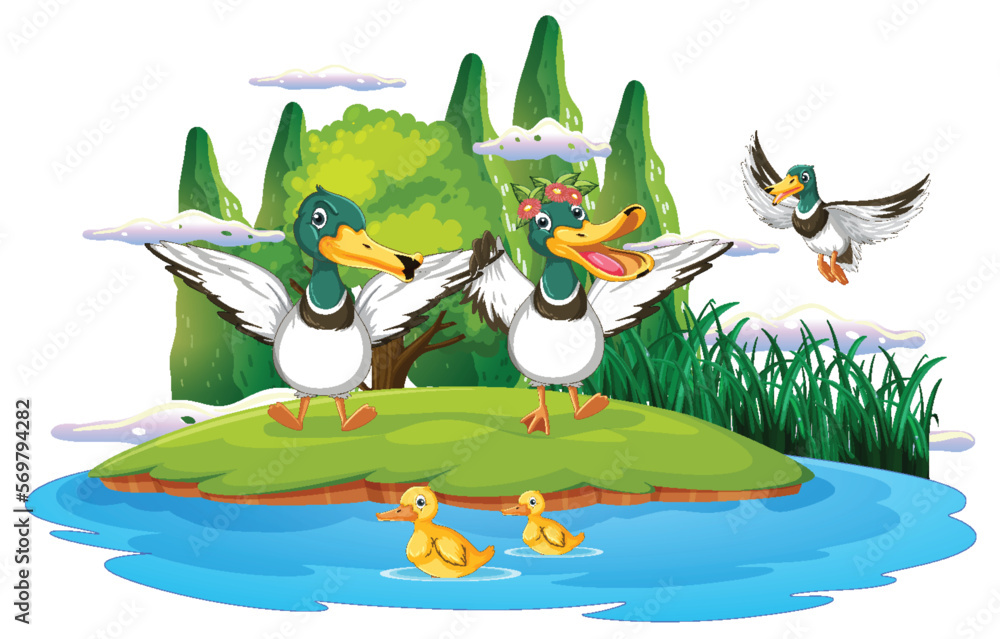 Poster happy duck group in nature scene