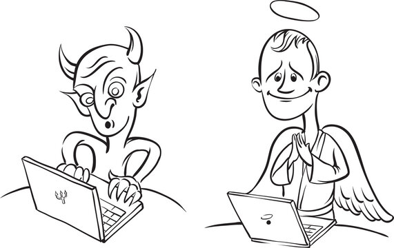whiteboard drawing devil and angel with laptop computer - PNG image with transparent background