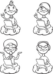 whiteboard drawing funky cartoon people on a cloud - PNG image with transparent background