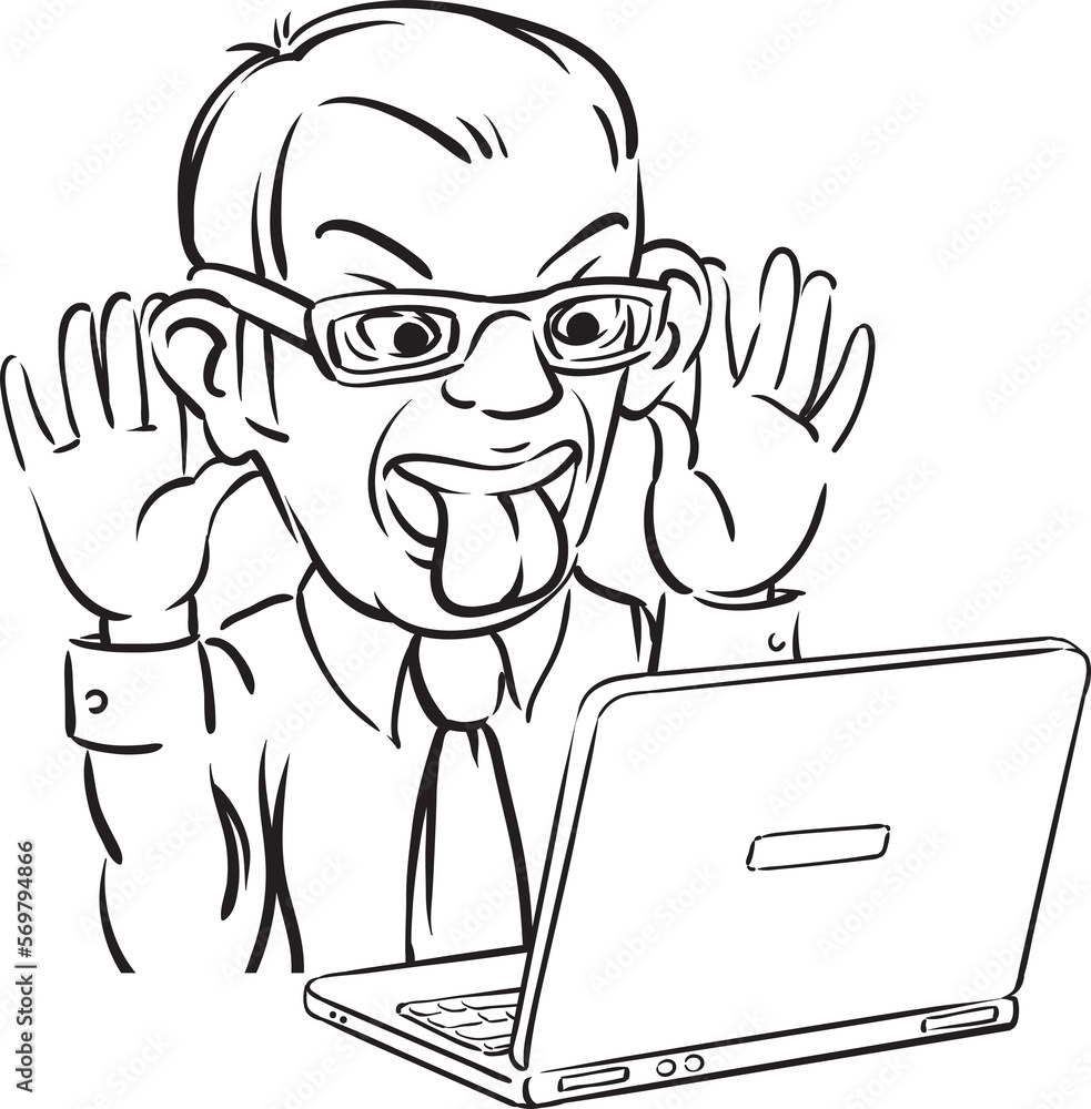 Poster whiteboard drawing grimacing man with laptop computer - png image with transparent background
