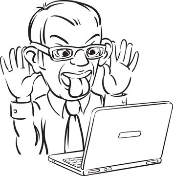 whiteboard drawing grimacing man with laptop computer - PNG image with transparent background