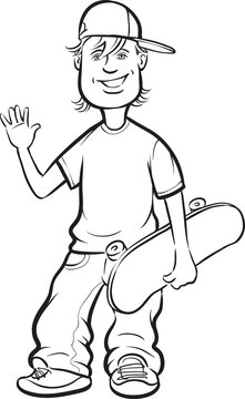 whiteboard drawing happy teenager with skateboard - PNG image with transparent background