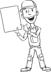 whiteboard drawing Repairman pointing at blank placard - PNG image with transparent background