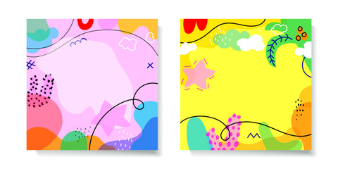 Naklejka premium Set of tropical summer doodle banner with space for text vector. Colorful abstract with leaves, shapes and texture background.