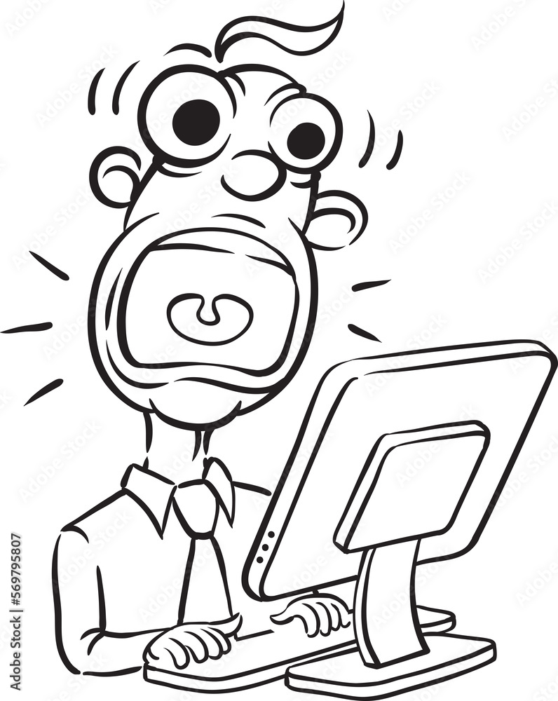 Poster whiteboard drawing screaming businessman and desktop computer - png image with transparent backgroun