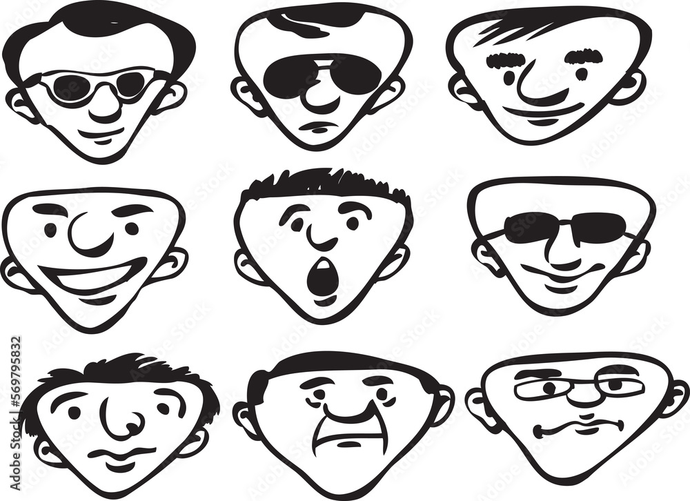Poster whiteboard drawing set of cartoon triangular faces - png image with transparent background