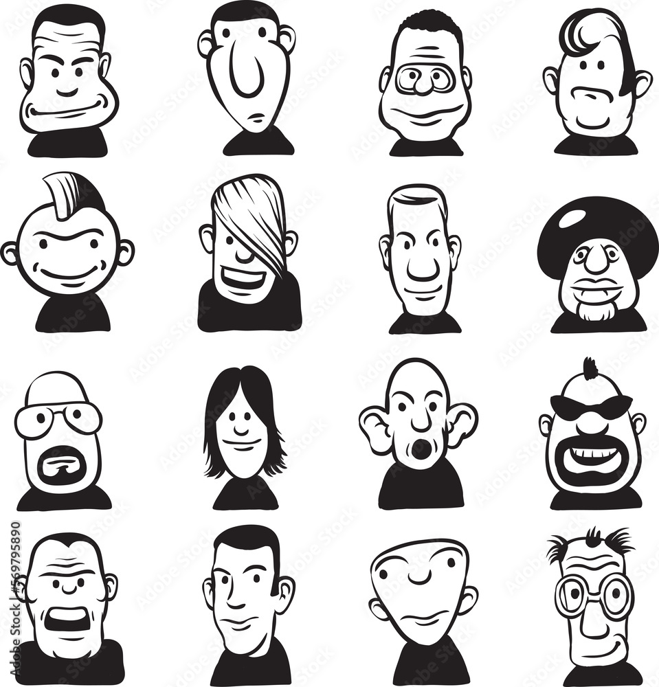 Wall mural whiteboard drawing set of doodle cartoon faces - png image with transparent background