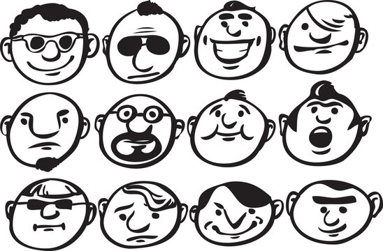 whiteboard drawing set of cartoon round faces - PNG image with transparent background