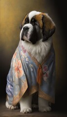 Photo Shoot of Unique Breathtaking Cultural Apparel:Elegant Saint Bernard Dog in a Traditional Japanese Kimono with Obi Sash and Beautiful Eye-catching Patterns like Men, Women, and Kids generative AI