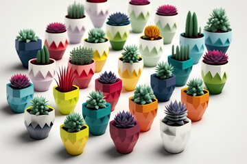 Colorful Small Succulents Plants in Flower Pots on Light Background