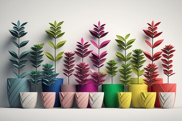 Colorful Plants Lined up in Front of Light Background Wall