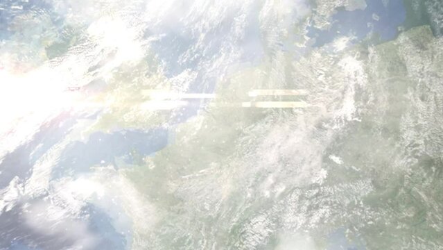 Earth zoom in from outer space to city. Zooming on Diest, Belgium. The animation continues by zoom out through clouds and atmosphere into space. Images from NASA