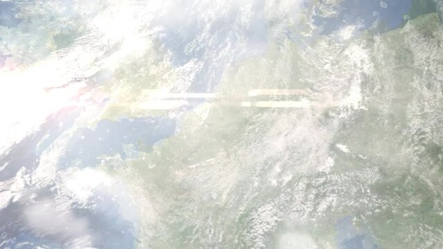 Earth zoom in from outer space to city. Zooming on Fleurus, Belgium. The animation continues by zoom out through clouds and atmosphere into space. Images from NASA