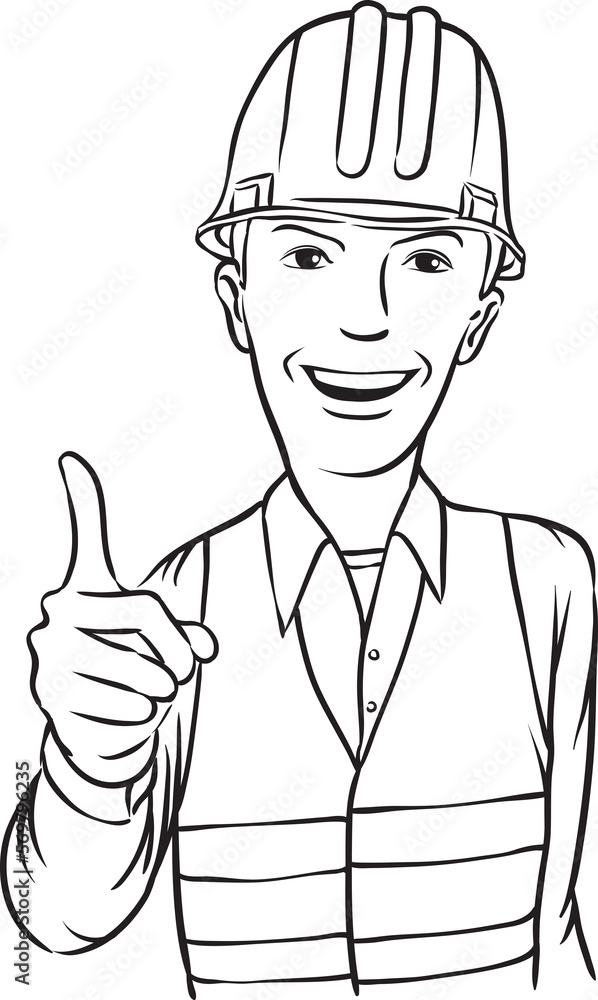 Poster whiteboard drawing smiling construction worker - png image with transparent background