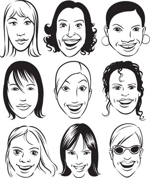 whiteboard drawing smiling women faces set - PNG image with transparent background