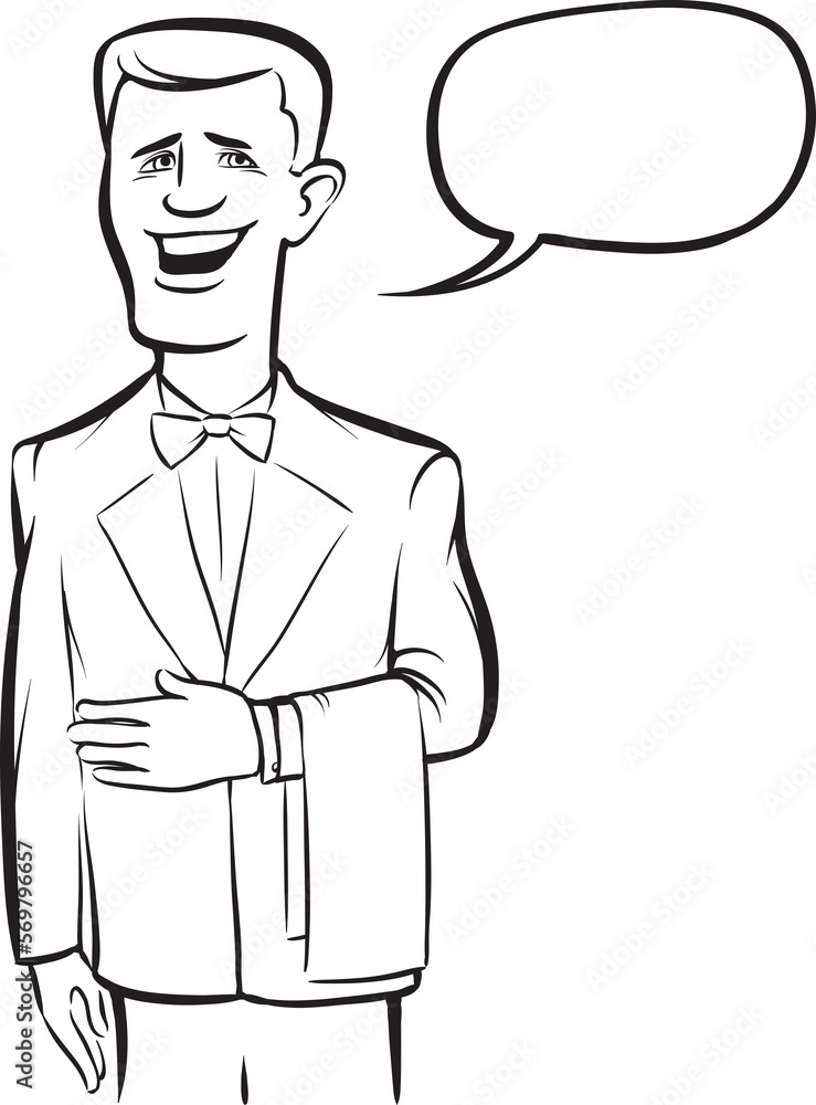 Poster whiteboard drawing standing smiling waiter in gloves - png image with transparent background