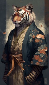 Photo Shoot of Unique Breathtaking Cultural Apparel:Elegant Tiger Animal in Traditional Japanese Kimono with Obi Sash and Beautiful Eye-catching Patterns like Men, Women, and Kids generative AI
