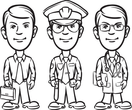 whiteboard drawing three cartoon professionals businessman policeman doctor - PNG image with transparent background