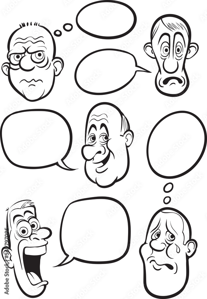 Poster whiteboard drawing various emotion faces with speech balloons vector set - png image with transparen