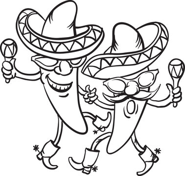 whiteboard drawing two dancing cartoon mexican peppers - PNG image with transparent background