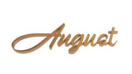 name of month August with wooden effect 3d rendering