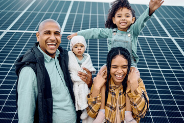 Plakat Black family, children or solar panel with parents and daughter siblings on a farm together for sustainability. Kids, love or electricity with man and woman girls bonding outdoor for agriculture