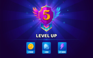 Level up banner for game ui. Reward badge for win with bonus of gold coins, diamonds and energy. Game badge with shield with wings and ribbons for winner screen, vector cartoon illustration © klyaksun