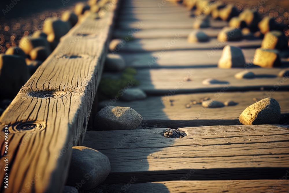 Poster zooming in on the finer points of a wooden walkway generative ai
