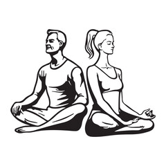 A couple doing yoga vector. Man and woman meditate in lotus pose. Mental health concept.