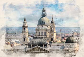 Fototapeta premium St. Stephen's Basilica in Budapest, Hungary in watercolor illustration style. 