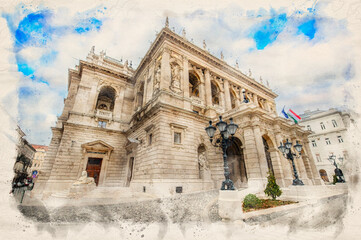 The Hungarian Royal State Opera House in Budapest, Hungary in watercolor illustration style. 