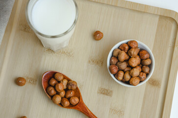 on a wooden board hazelnut nuts and a glass of milk, the concept of milk from nuts