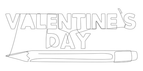 One continuous line of Valentine’s Day word written with a pencil. Thin Line Illustration vector concept. Contour Drawing Creative ideas.