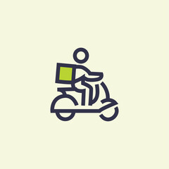 Rider icon for courier or food delivery. Premium delivery courier icon on plain BG. Food delivery bike rider delivering food. 