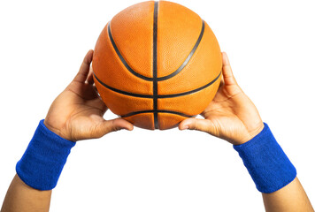 Basketball player about to throw a basketball ball isolated on white background, PNG file.