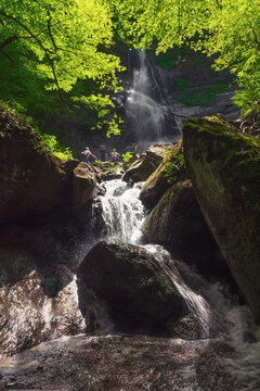 Tourists at the Halit waterfall in Azerbaijan