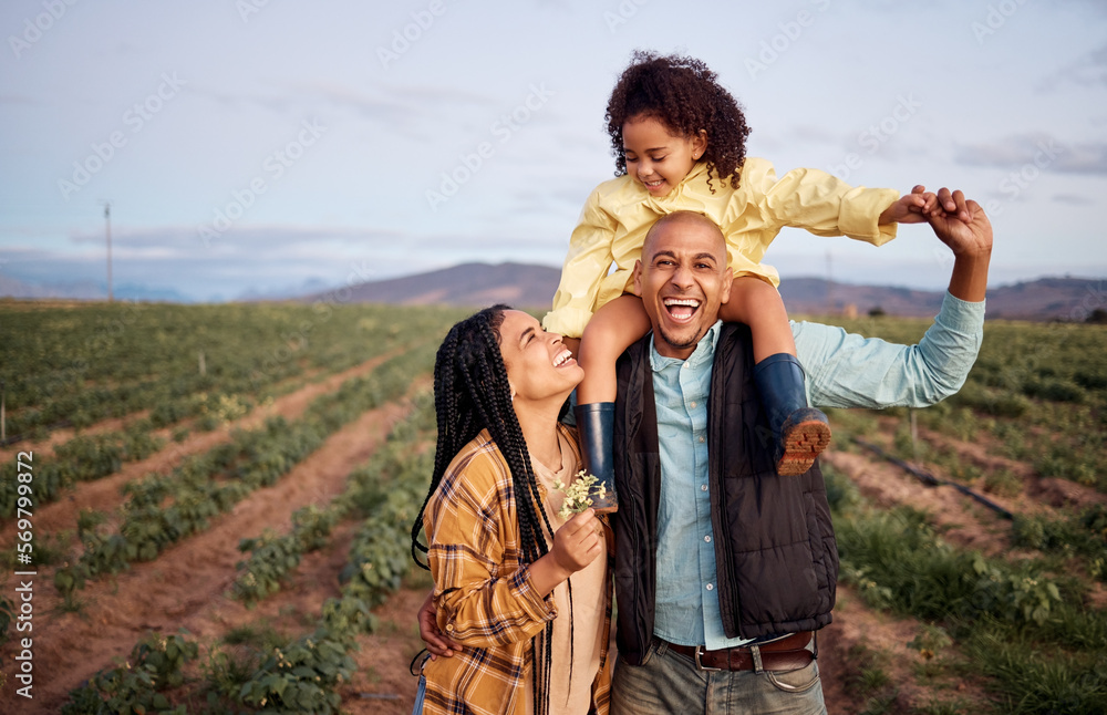 Poster Black family, piggyback and portrait at agriculture farm, laughing at funny joke and bonding together. Love, agro and care of father, mother and girl, kid or child on field for harvest and farming.