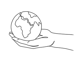 Continuous one line drawing of hands holding Earth globe.