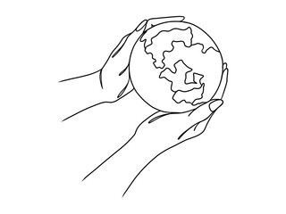 Continuous one line drawing of hands holding Earth globe.