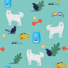 Samoyed dog seamless pattern. Cute pastel vector illustration isolated on white. Creative kids texture for print, textile, wallpaper, apparel, fabric, wrapping paper, clothing.