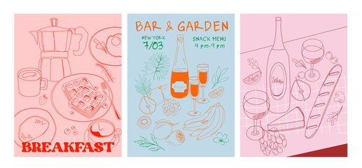 Collection of food and drink posters template. Interior posters. Cooking posters. Invitation poster for restaurant. Editable vector illustration.