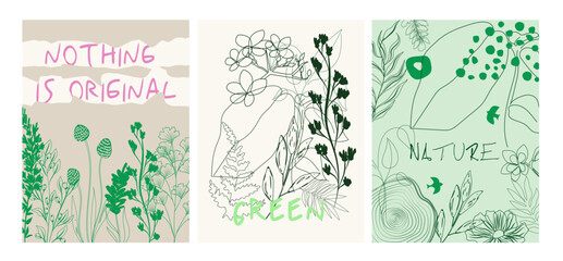Collection of abstract nature posters. Botanical poster template. Editable vector illustration. © miobuono