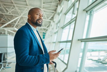 Black man, phone and thinking at airport window for business travel, trip or communication waiting...