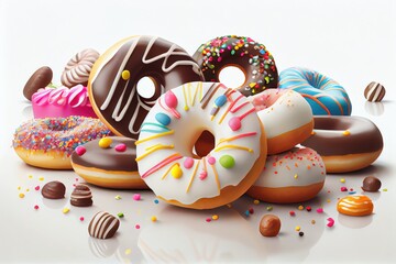 Obraz premium Collection of colorful donut sprinkles on white background. Ai generated