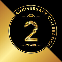 2nd Anniversary. logo design with golden numbers and text for birthday celebration event, invitation, wedding, greeting card, banner, poster, flyer, brochure. Logo Vector Template