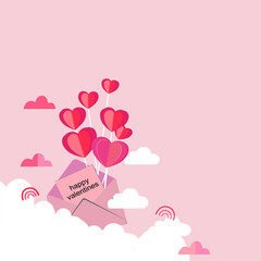 Happy Valentine's day poster or voucher. Beautiful paper cut white clouds with white heart frame on pink background. Vector, Paper, cut style. Place for text