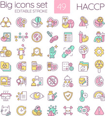 HACCP RGB color icons set. System of food quality control. Products manufacturing safety. Hazard prevention. Isolated vector illustrations. Simple filled line drawings collection. Editable stroke