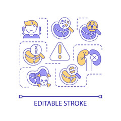 Food safety hazards concept icon. Dangers of food contamination types. Illness causes abstract idea thin line illustration. Isolated outline drawing. Editable stroke. Arial font used