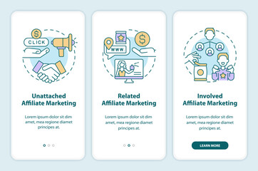 Affiliate marketing programs onboarding mobile app screen. Commerce walkthrough 3 steps editable graphic instructions with linear concepts. UI, UX, GUI template. Myriad Pro-Bold, Regular fonts used